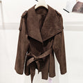 Women Faux Suede Belted Short Jacket, Woven Lapel Collar Wrap Trench Style Coat