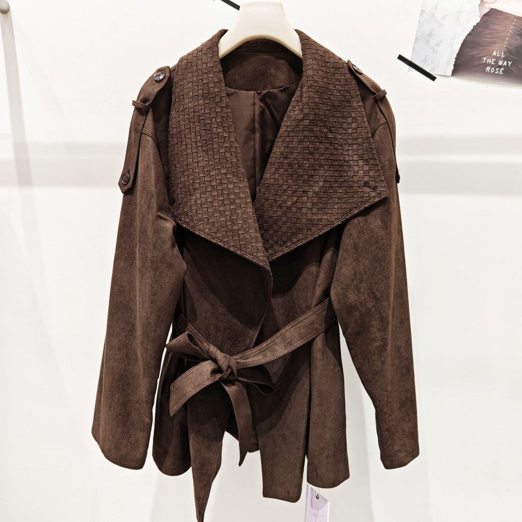 Women Faux Suede Belted Short Jacket, Woven Lapel Collar Wrap Trench Style Coat