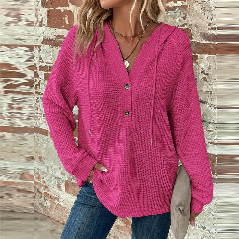 Hot Pink Relaxed-Fit Waffle-Knit Hooded Henley Top